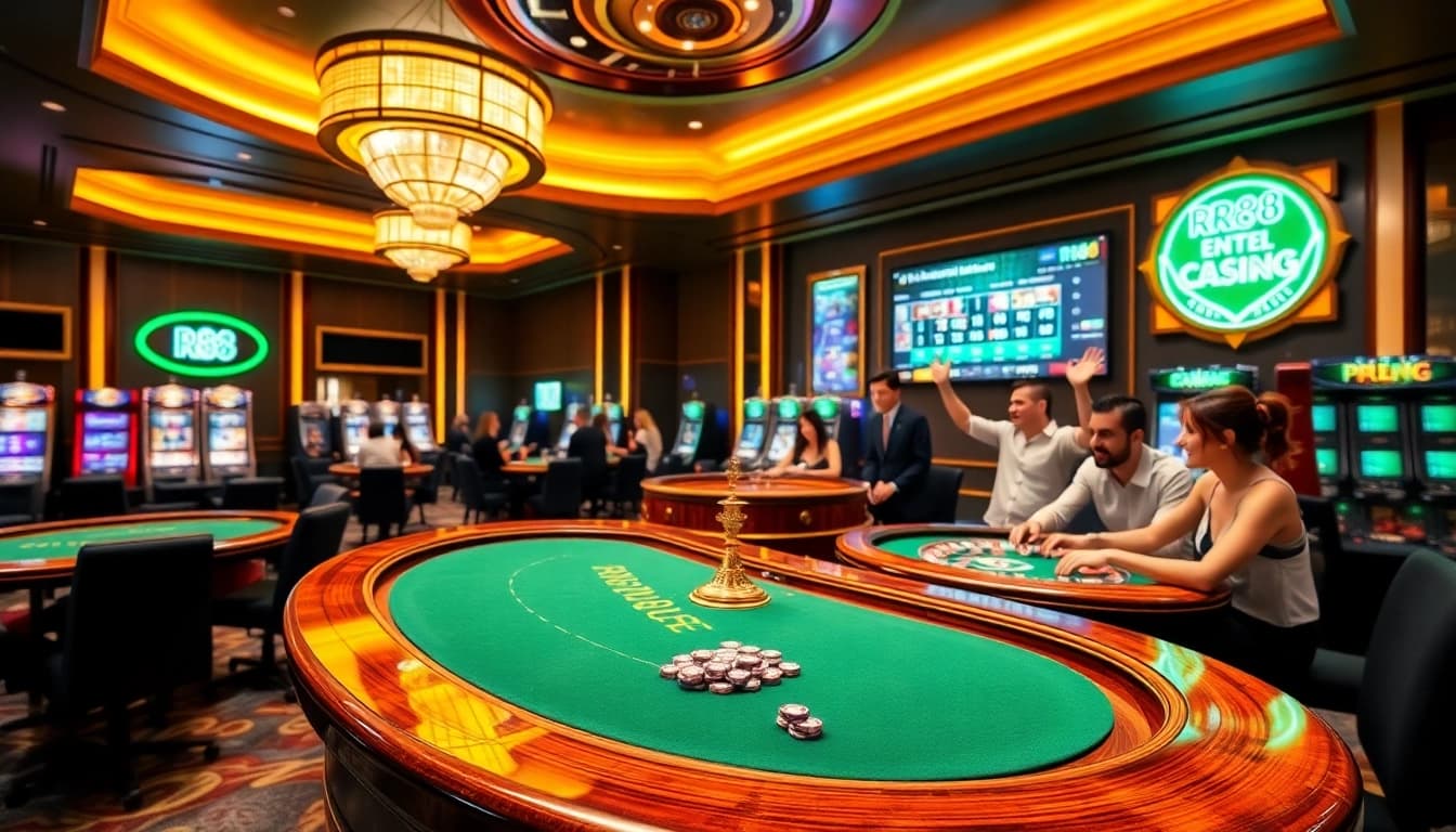 An exciting scene at https://urr88.com/ showcasing poker tables, players and vibrant slot machines in a luxurious casino atmosphere.