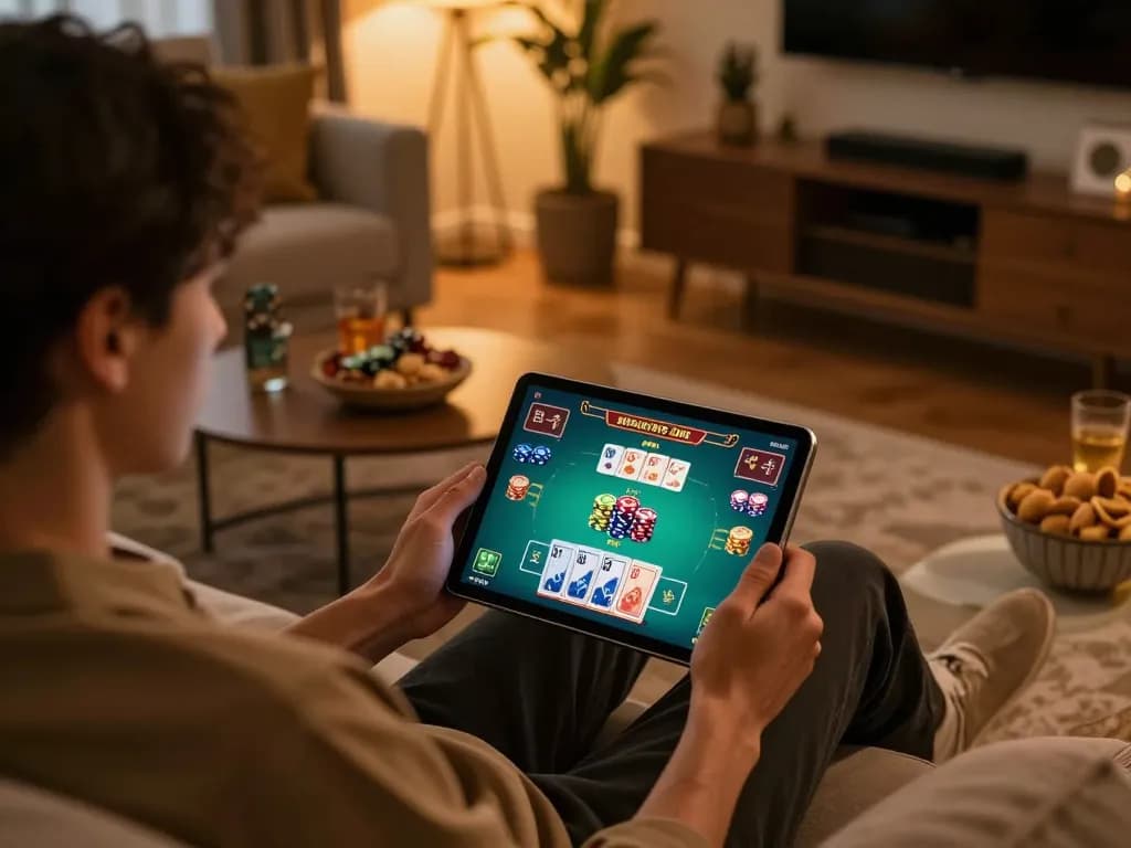 xóc đĩa online gameplay on a tablet in a cozy home setting with warm lighting