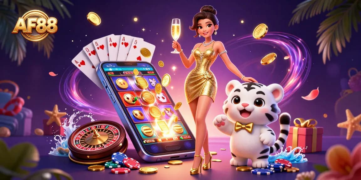 Engage with AF88, experiencing thrilling slot action with a glamorous vibe and vibrant colors.