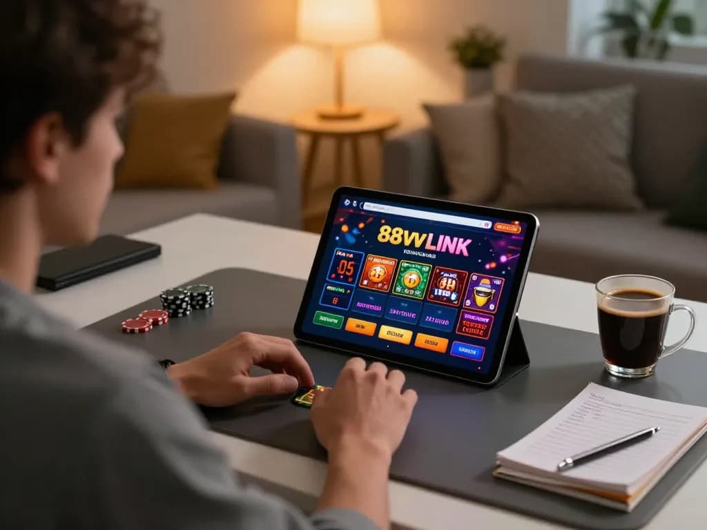 Engaging with the 88vv LINK casino app, a player enjoys online gaming at home.