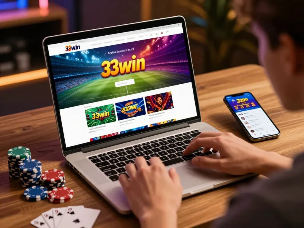 Engaging with nhà cái 33win online betting platform in a modern workspace.