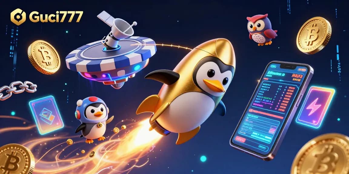 Guci777 menghadirkan gambaran slot menarik melalui penguin emas bertenaga roket.
