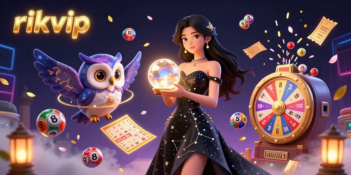 Experience the magic of rikvip with a stunning illustration of a mystical woman and owl, surrounded by vibrant gambling elements.