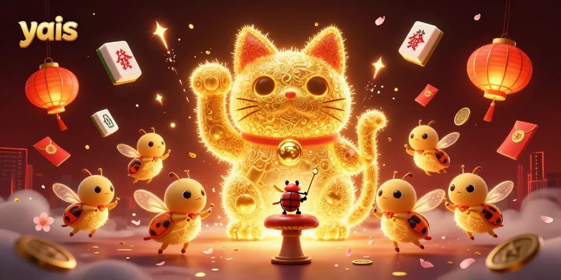 Engage with yais’s vibrant 3D casino scene featuring a lucky cat made of golden fireflies.