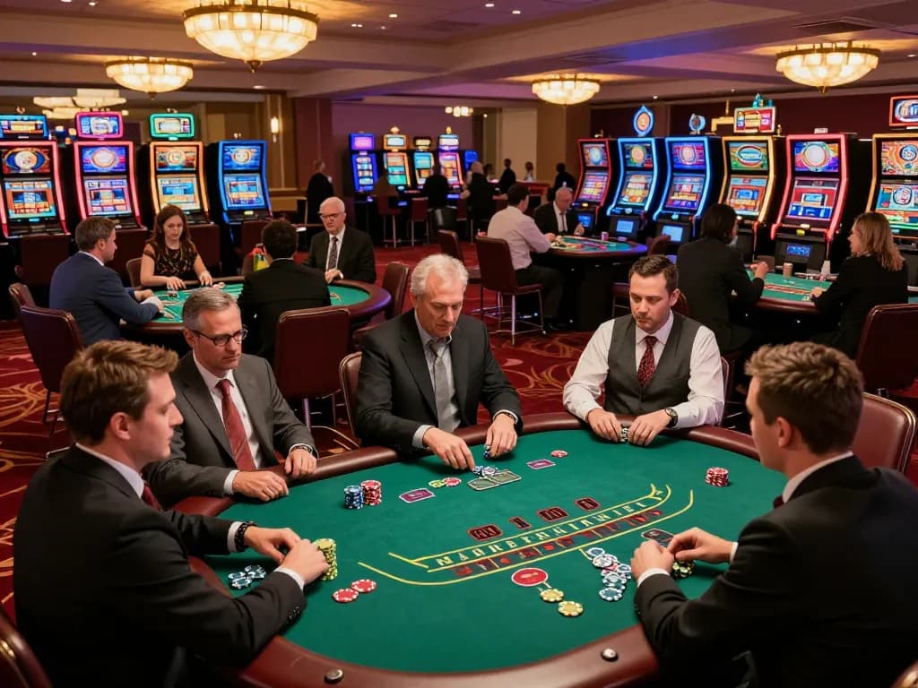 Players intensely strategizing in a vibrant casino setting with DU88 blackjack tables.