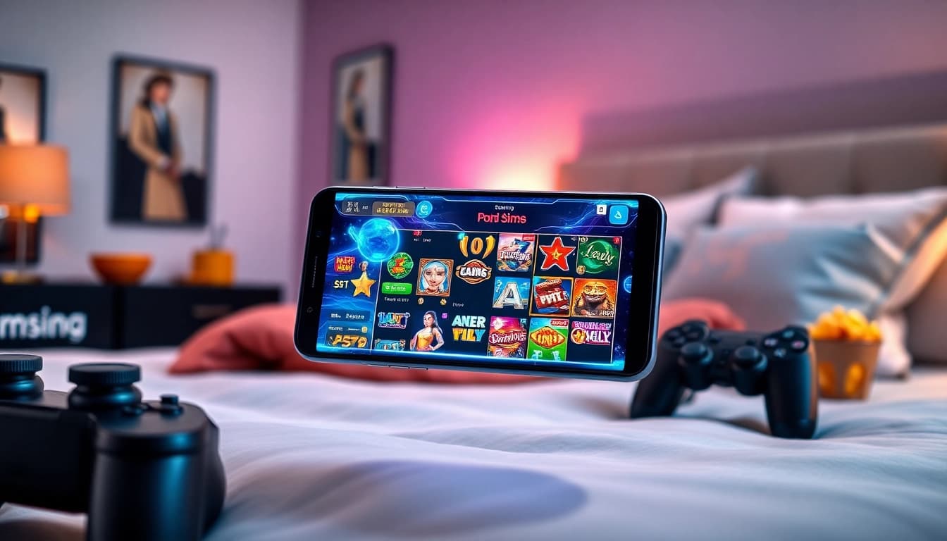 S8 smartphone displaying vibrant game graphics in an inviting bedroom setting