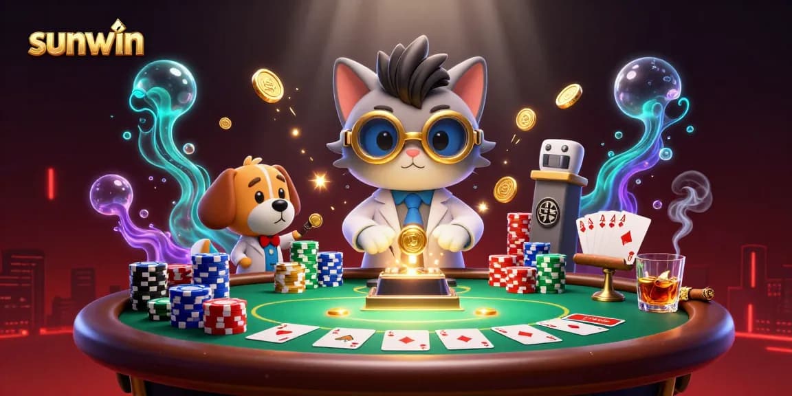 Experience thrilling gameplay with sunwin as the mad scientist cat crafts coin machines in a vibrant, energetic scene.