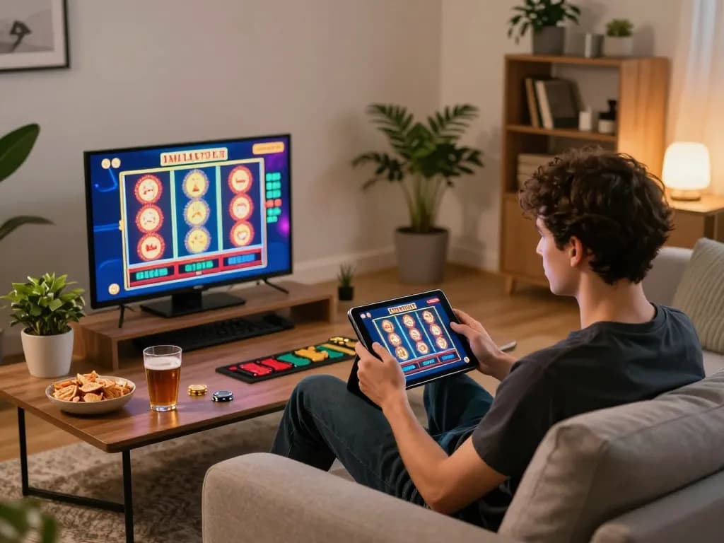 MAX79 user engaged in online casino gaming on tablet, cozy home atmosphere.