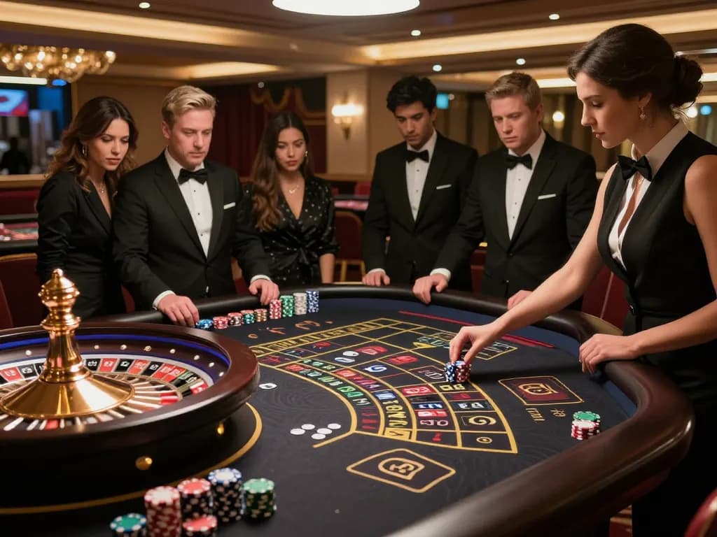 Players engaging in high-stakes roulette at an upscale casino GMNC, capturing excitement and strategy