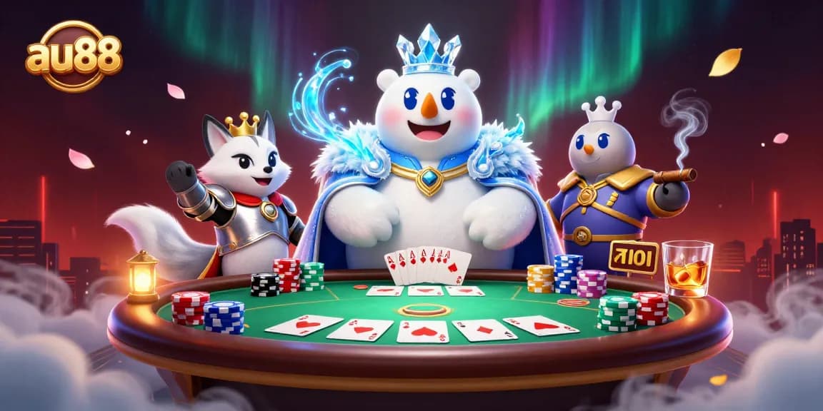 Bet big on au88 with the ice king and snow fox in this vibrant casino scene.