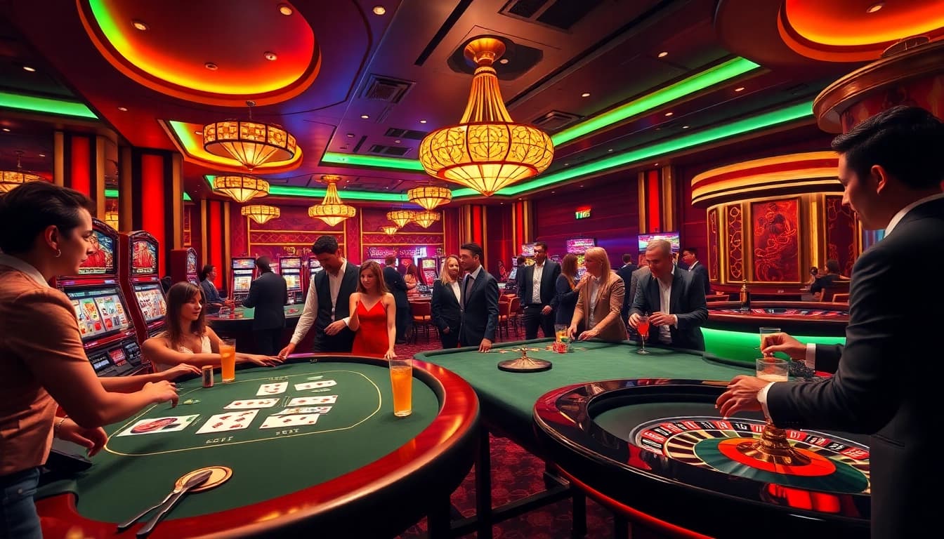 SODO casino scene showcasing vibrant gaming tables, players engaged in card games, and slot machines.