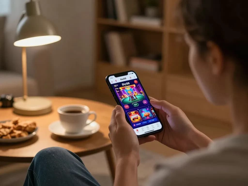 Engaging with the App Sky88 on a smartphone during a relaxed gaming session at home.