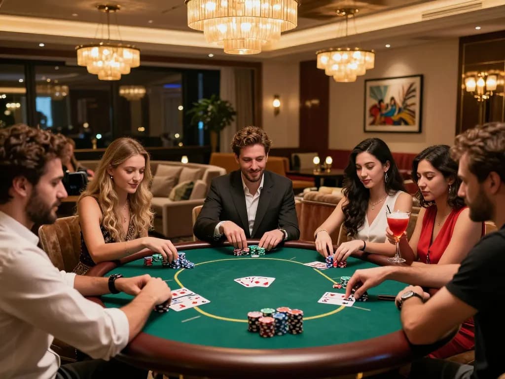 Friends enjoying Game Bài Đổi Thưởng while playing poker at an elegant casino