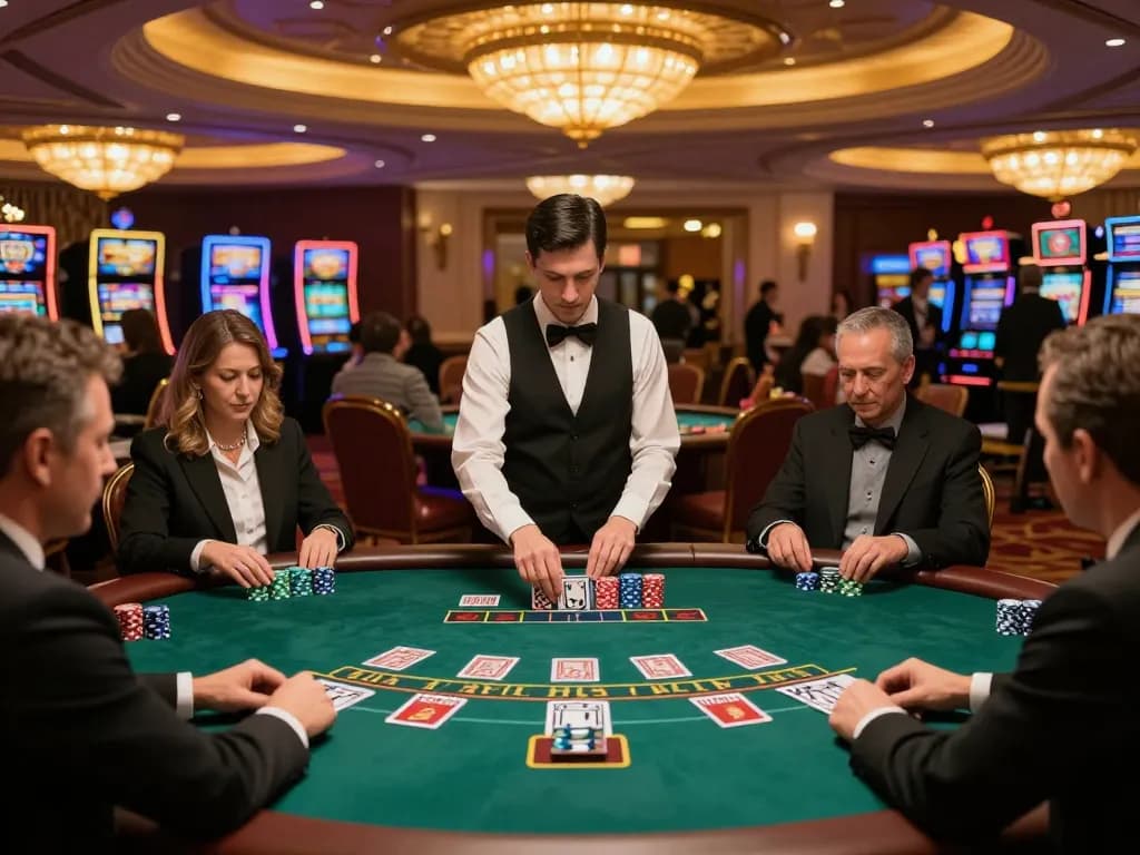 79king players strategizing at a professional blackjack table in a luxury casino setting