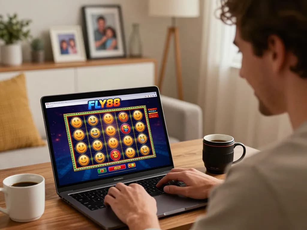 Enjoying FLY88 online casino gaming with vibrant slot reels on laptop in cozy home