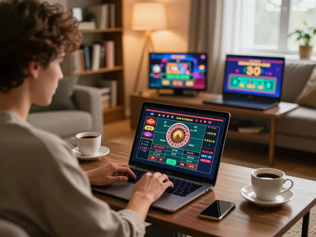 SAY88 player engaging in live dealer game on laptop, showcasing dynamic gaming atmosphere.