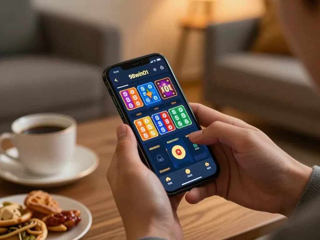 Player engaging with the 98win01 app on their smartphone in a cozy home setting while enjoying snacks.