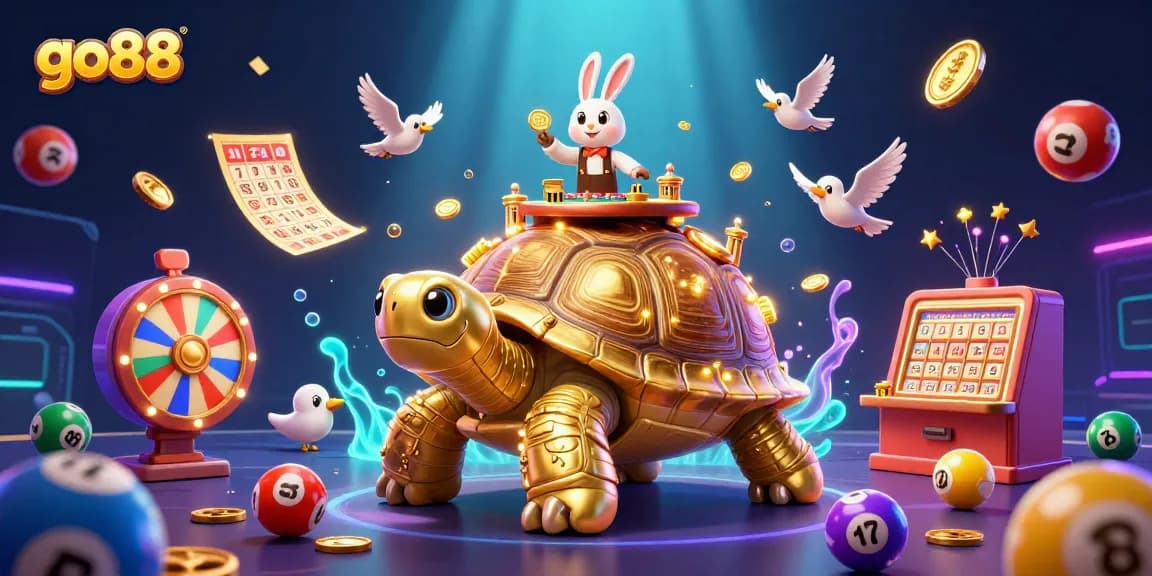 Engage in the exciting world of go88 casino with unique golden tortoise and rabbit dealer, surrounded by vibrant game elements.