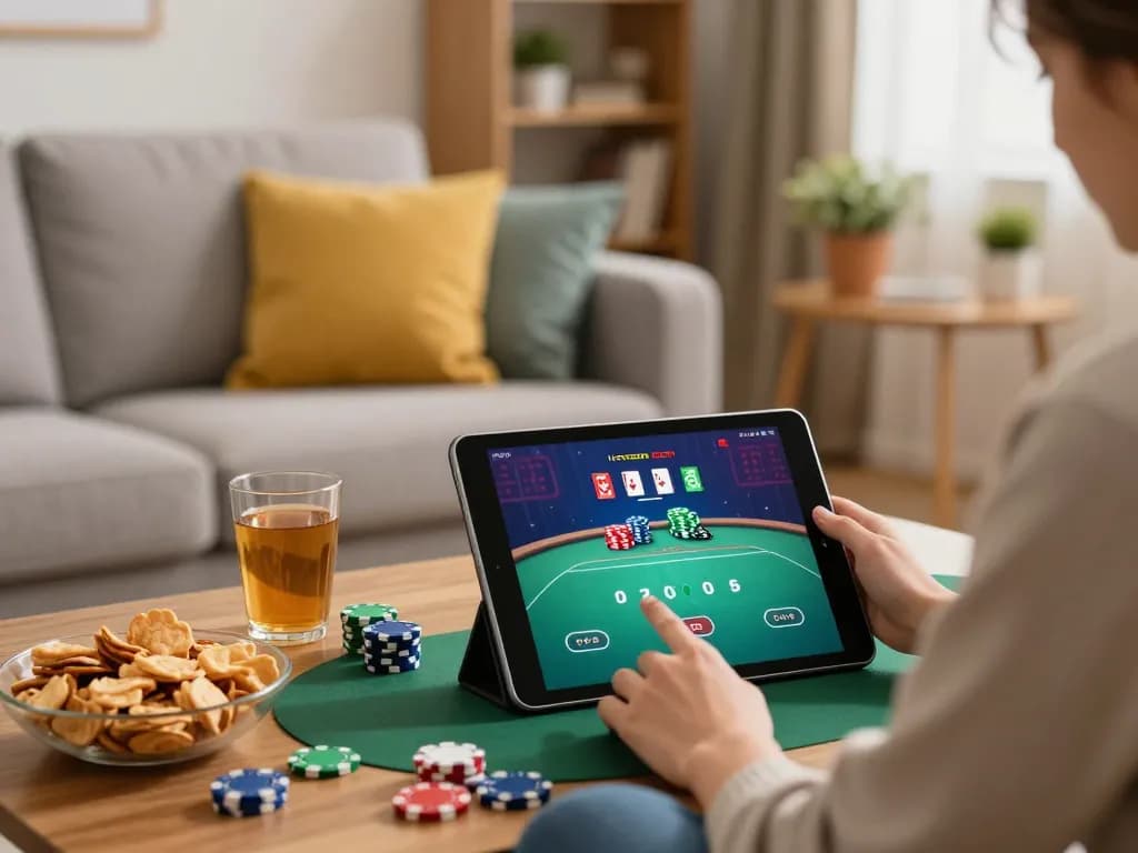 Engaging online poker session with Say88 interface, highlighting strategic gameplay in a cozy home environment