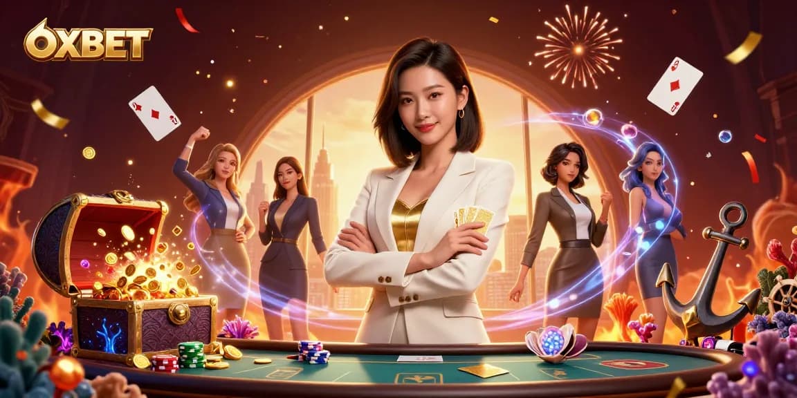 Experience thrilling gameplay with OXBET as an elegant character holds golden cards