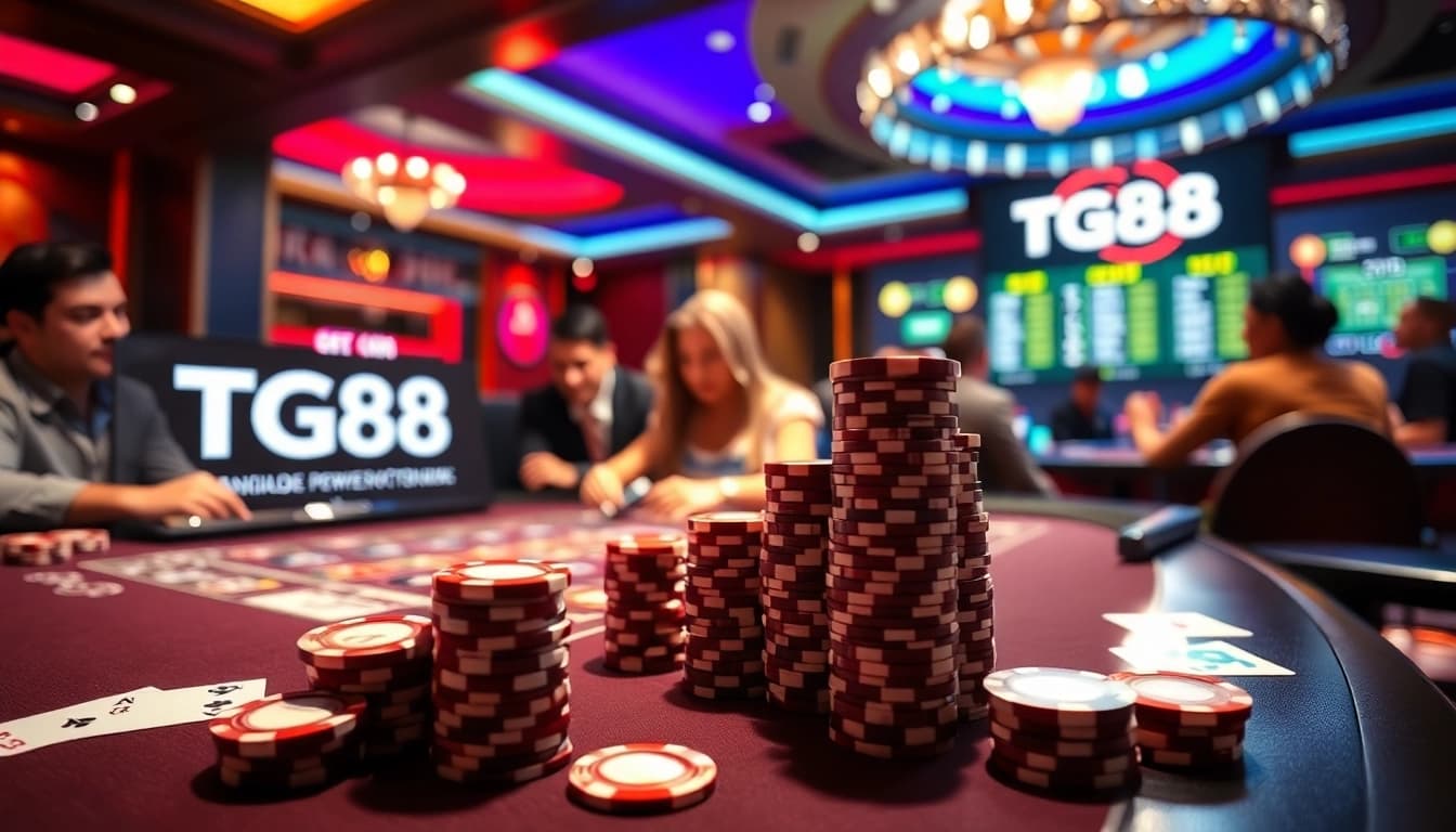 Players engaging in high-stakes gambling at a TG88 casino table with vibrant poker chips.