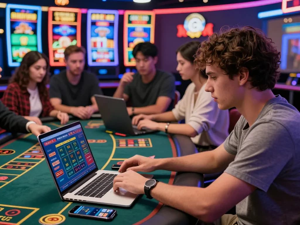 Engaging scene of online gambling with diverse players focused on 789bet betting options at a vibrant virtual casino.
