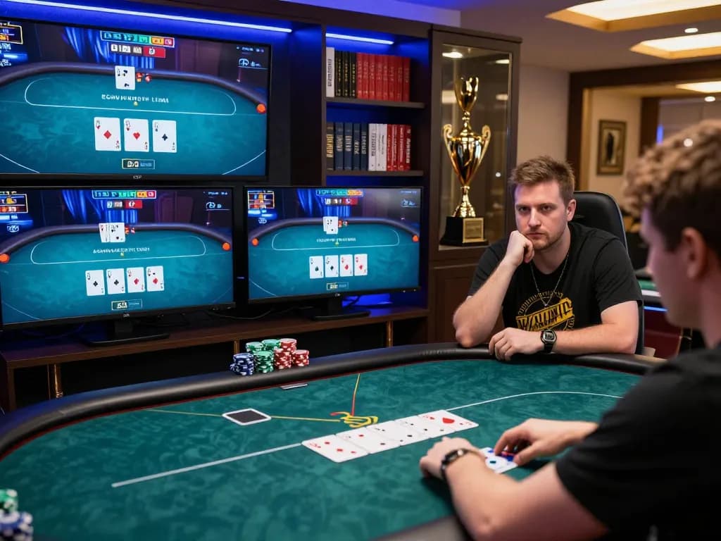 Engaging in an online poker tournament at nohu90nohu with multiple screens showing action.