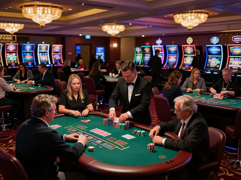 BOMWIN casino atmosphere featuring active blackjack tables with players engaging and luxurious decor