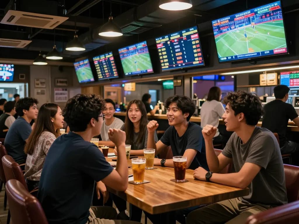 Engaged friends discussing bets in a vibrant sports bar using nhandinhkeonhacai for strategic wagering.
