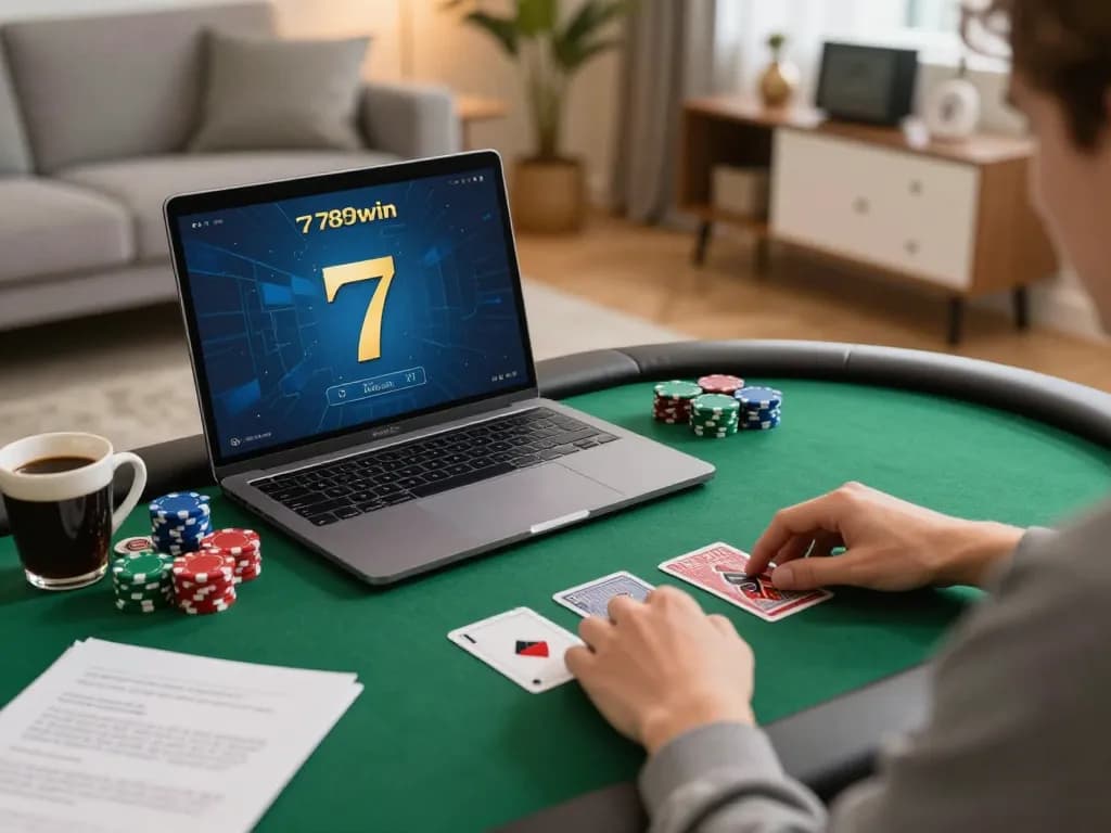 Engaging moment in online poker gameplay with 789win 37, showing laptop and chips