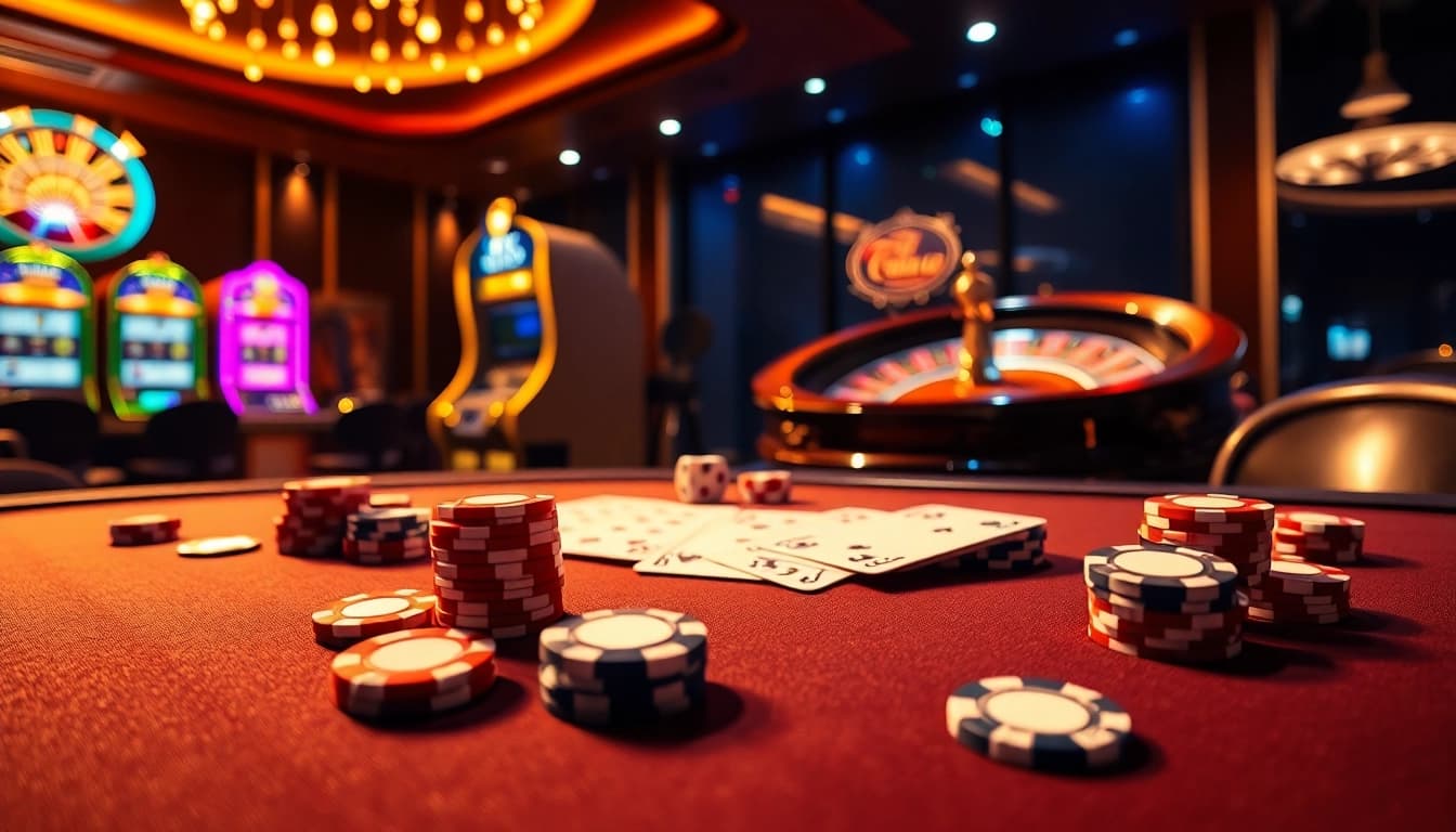 Engaging casino scene with king 88 poker table showcasing vibrant chips and cards.