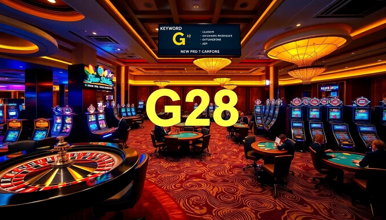 Experience G28 excitement on a luxurious casino floor with vibrant tables and slot machines.