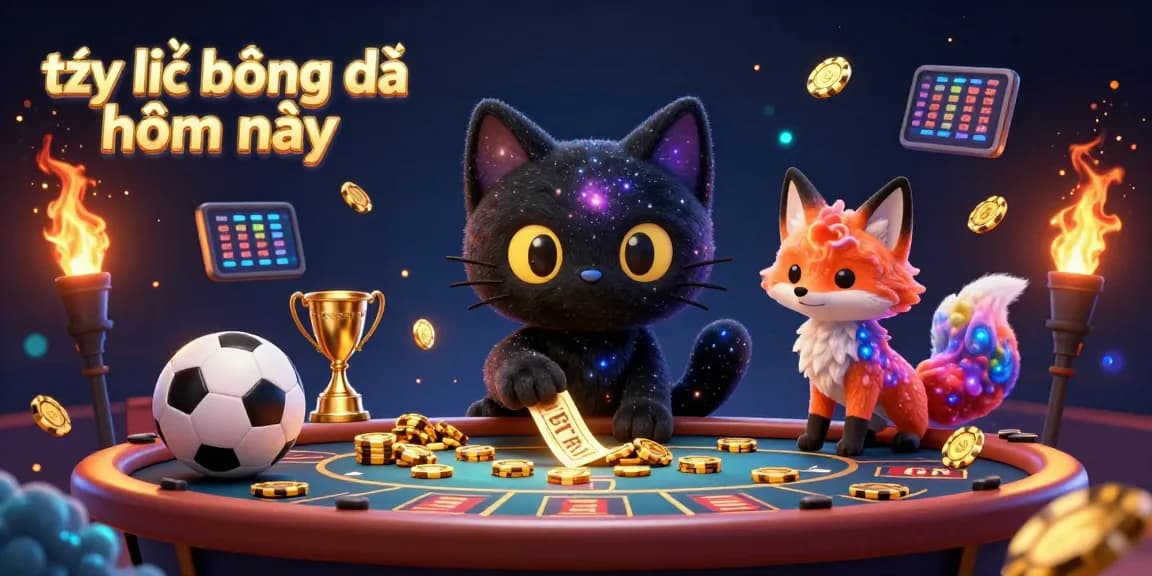 Tỷ lệ bóng đá hôm nay showcases vibrant sports betting excitement, featuring a cosmic cat with dynamic elements.