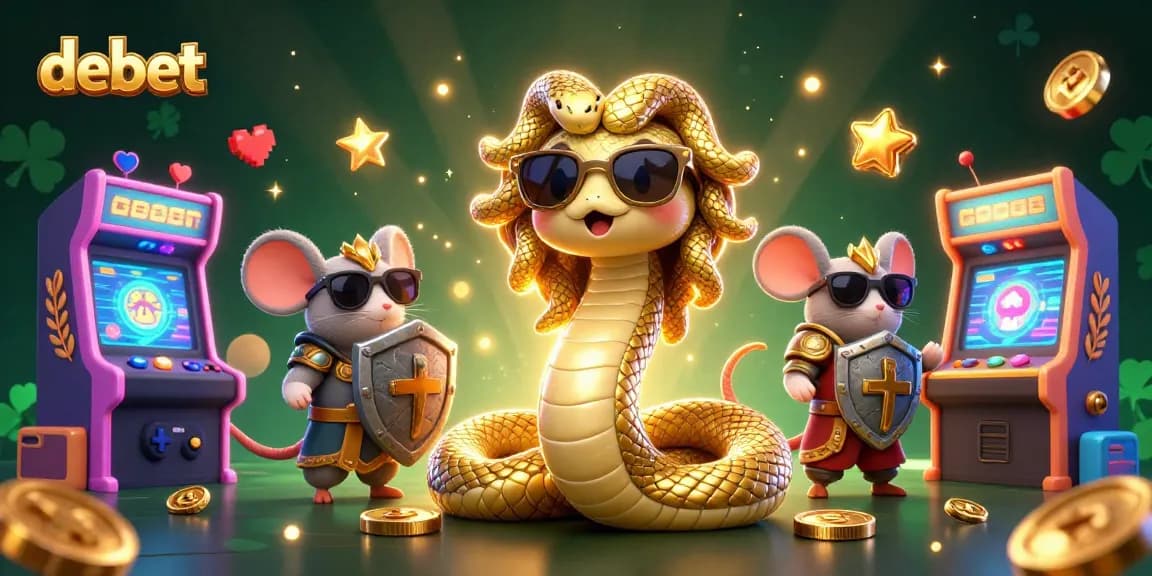 Engage with debet's casino games in a vibrant 3D illustration featuring Medusa and a warrior mouse.