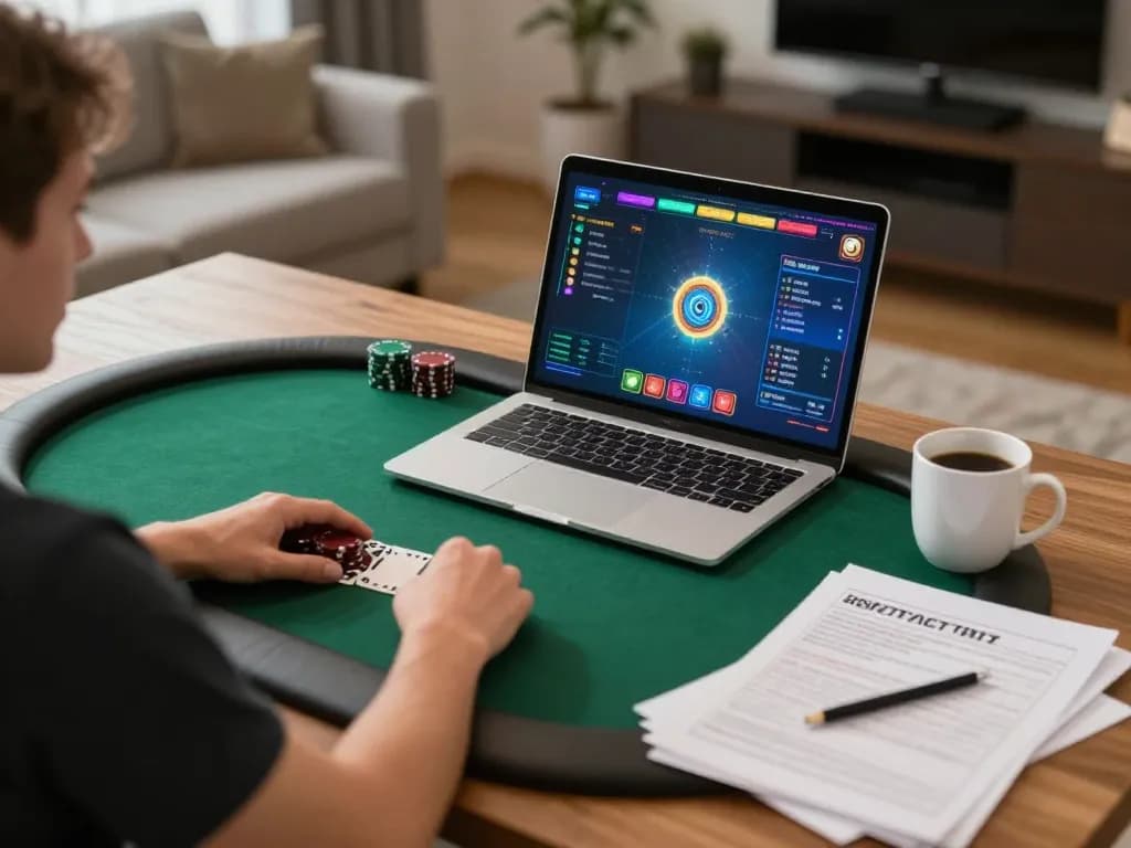 Engaging in a poker game on a laptop, strategy notes and coffee cup visible, 796 club
