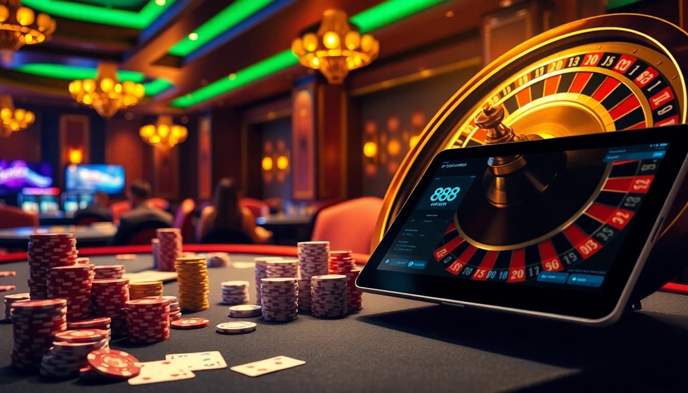 Exciting gameplay scene from 888NEW Đăng nhập featuring poker and roulette elements.