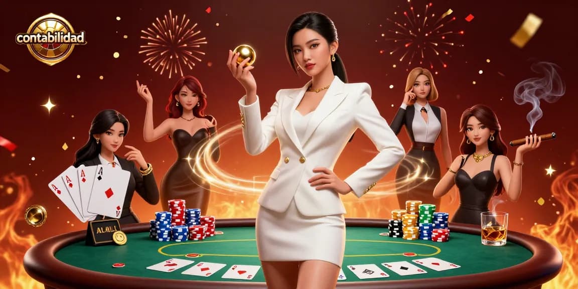 Engage with contabilidad in a visually rich casino scene featuring a confident woman with poker elements.