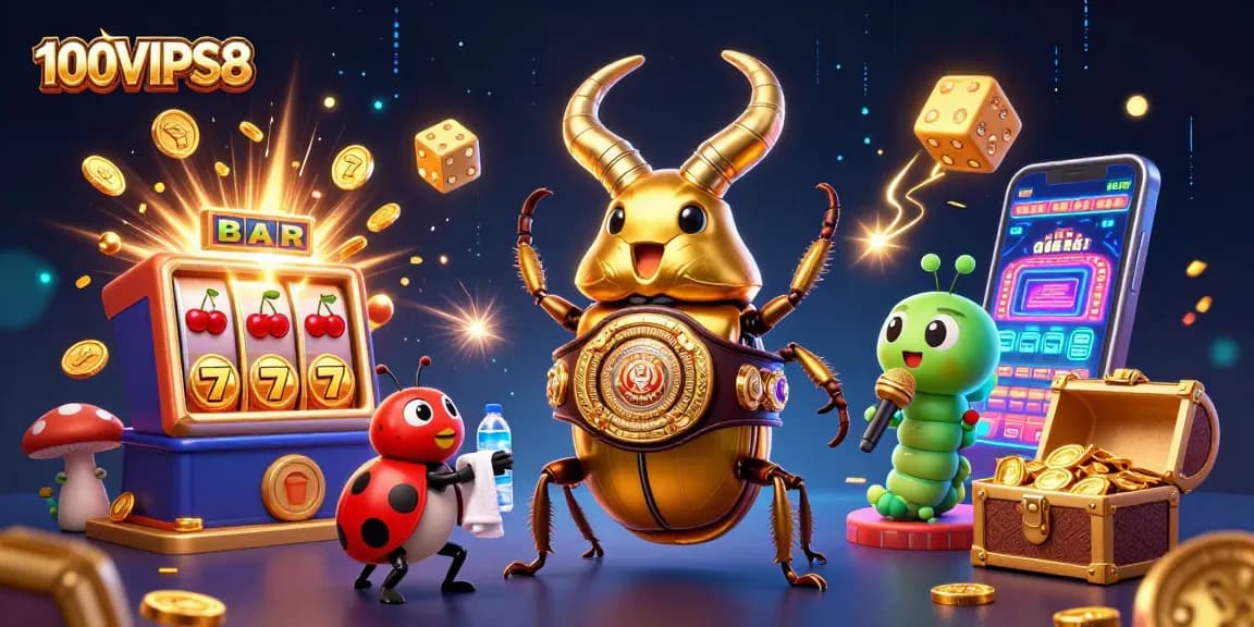 Experience excitement at 100VIPS8 with a golden stag beetle champion and thrilling casino elements.