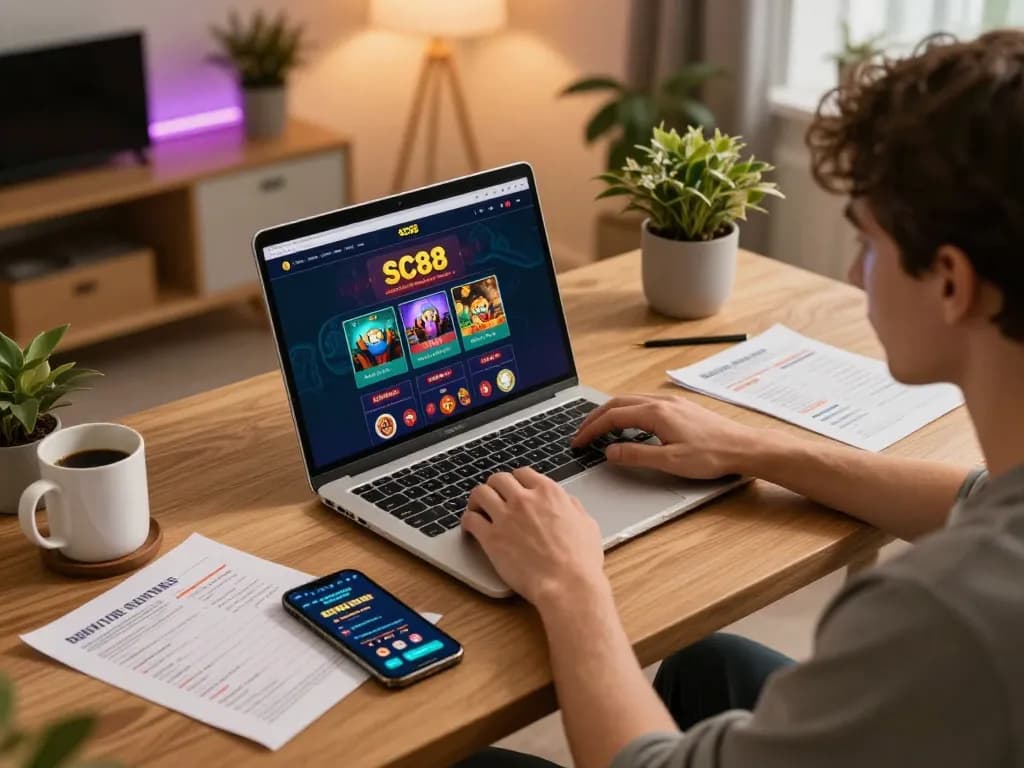 SC88 online casino experience with a user strategically engaging in gaming from a cozy home setup.
