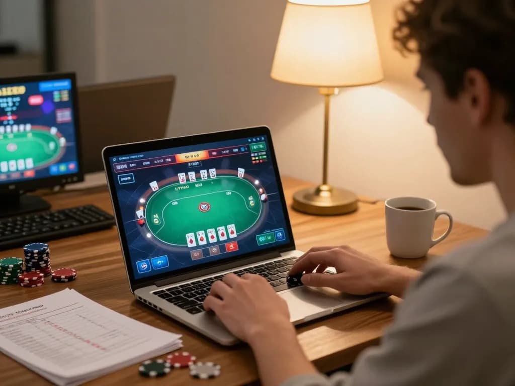 Engaging poker gameplay online with NOHU highlighted on the screen during a cozy home session