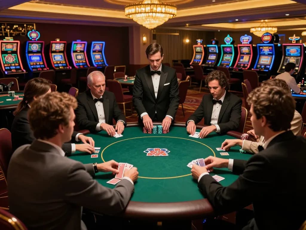 kkwin players engaging in high-stakes poker game at an upscale casino table.