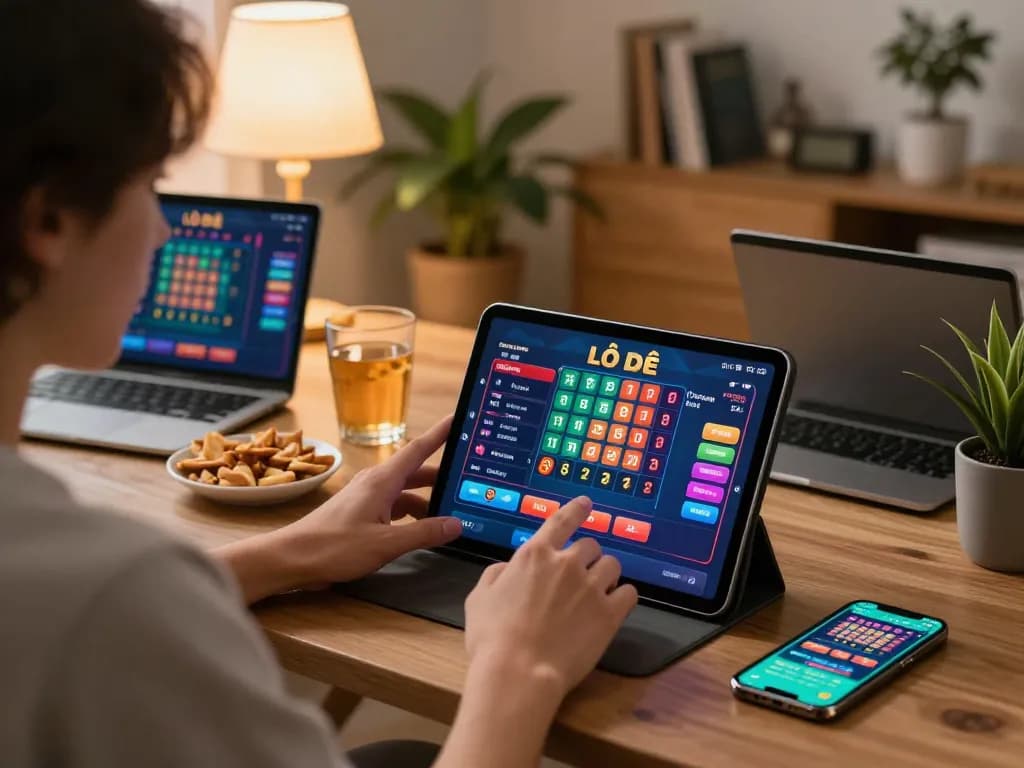 Engaging in Lô Đề betting on a tablet at home with a cozy atmosphere