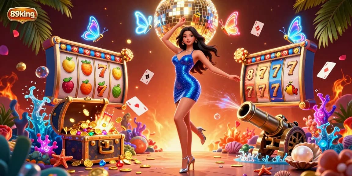 Winning at 89king: Glamorous casino scene with dynamic dance and vibrant slot elements.