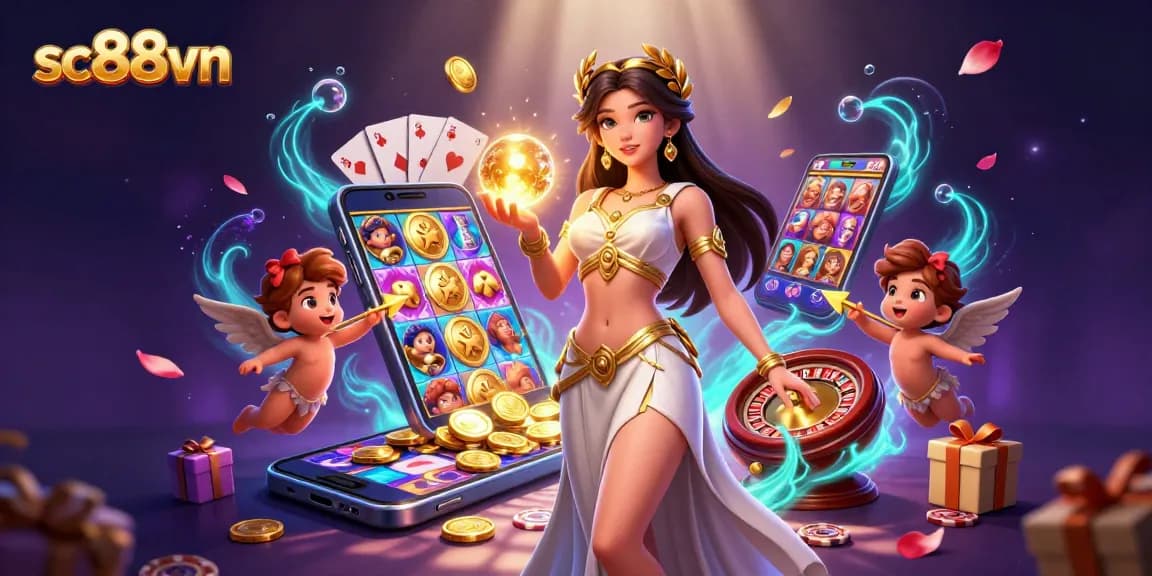 Engage in thrilling casino action with sc88vn featuring a Grecian goddess and Cupid cherubs amidst vibrant gaming elements.