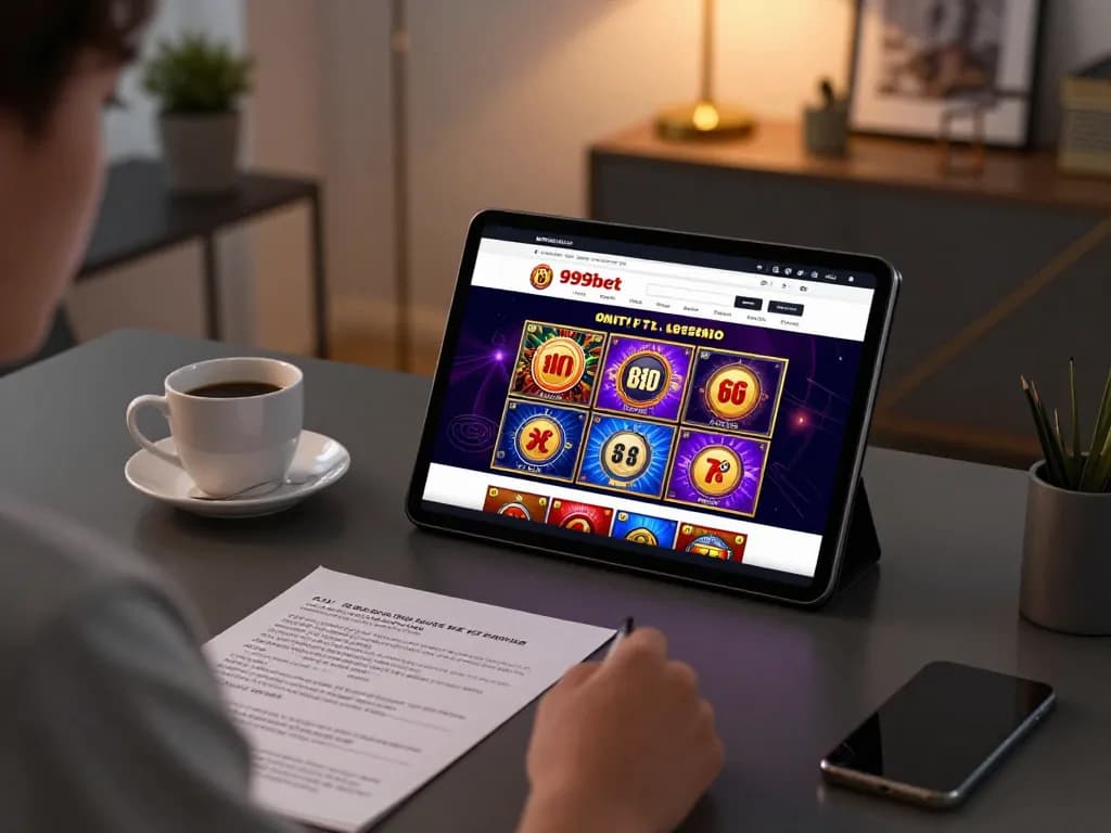Person enjoying online casino gaming at 999bet with tablet and strategy notes in cozy home setting.