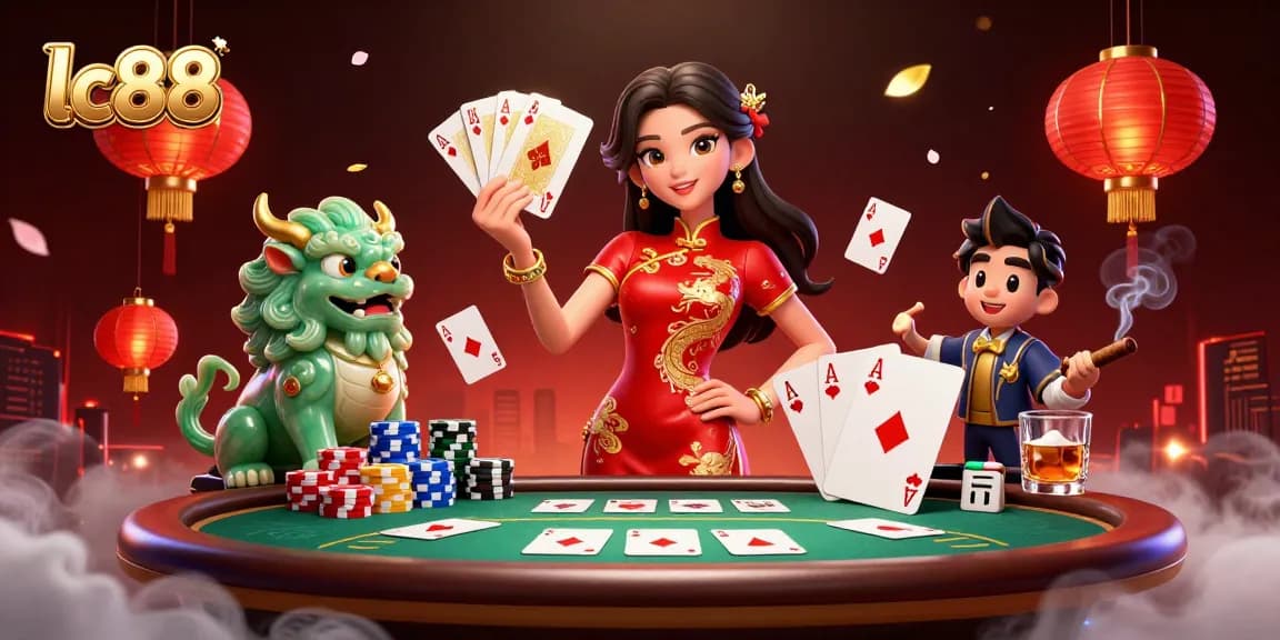 Experience vibrant gaming action at lc88 with a dazzling display of cards and chips in an exciting casino ambiance.