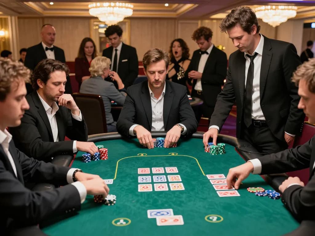 Players strategizing and placing bets at a lively poker table in a vibrant casino, transporthydraulics setting revealing the excitement of gambling action