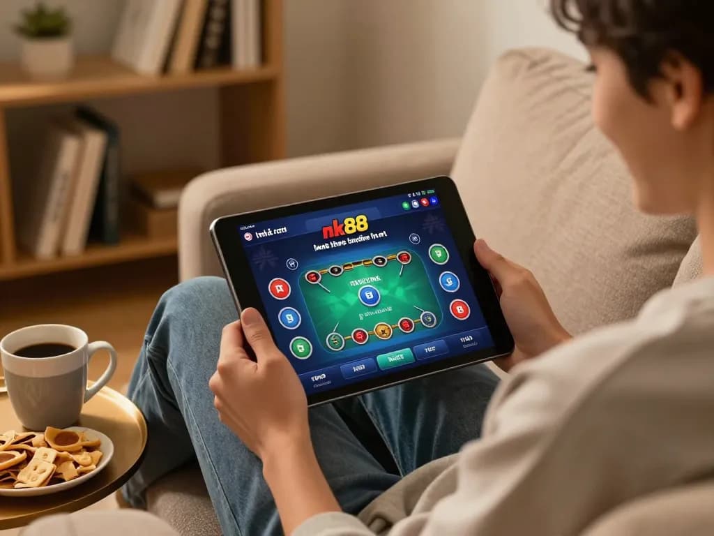 Engaging with nhà cái nk88 app for online gambling on a tablet in cozy living room setting