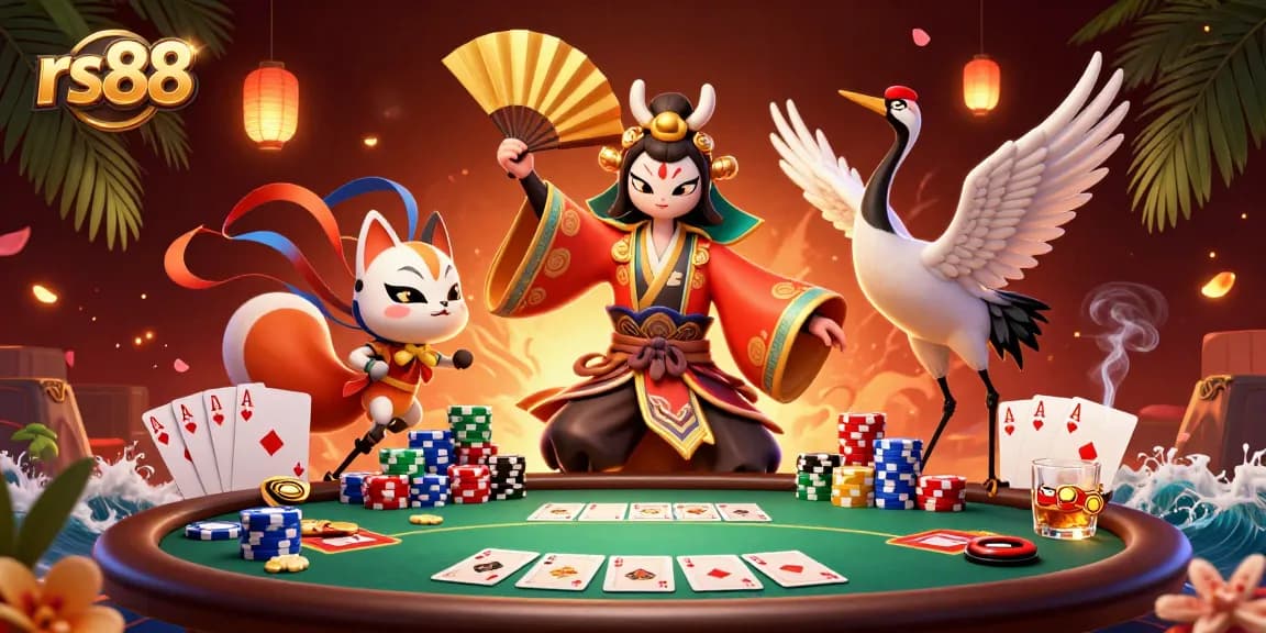 Join the excitement at rs88 with a kabuki warrior alongside poker elements, chips, and vibrant energy.
