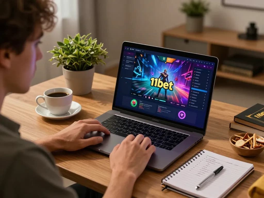 Engaging with the 11bet platform for strategic online gaming in a stylish home office.